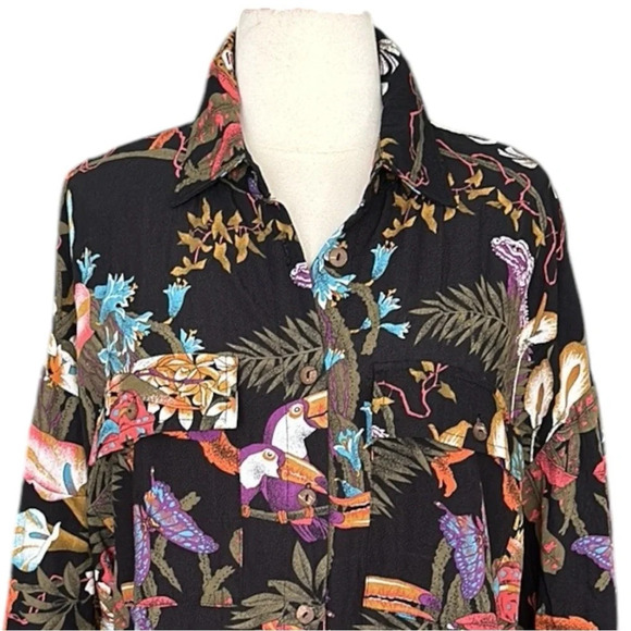 PEPALOVES Bohemian Tropical Button Up Shirt Black Whimsical Butterflies Large - Picture 3 of 16
